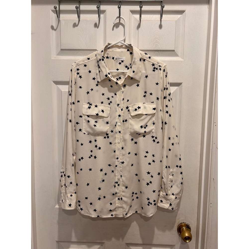 Equipment Femme Silk Star Print Slim Signature Blouse Cream Black Large Luxury